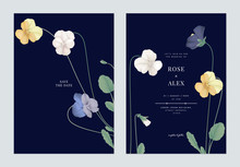Floral Wedding Invitation Card Template Design, Colorful Pansies With Green Leaves On Dark Blue