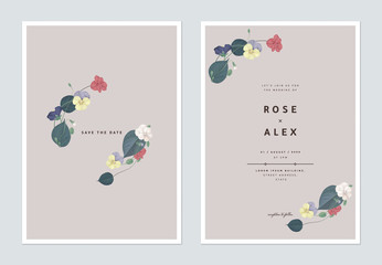 Minimalist floral wedding invitation card template design, pansies with green leaves on light red