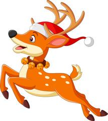 Canvas Print - Cartoon deer in a santa hat jumping