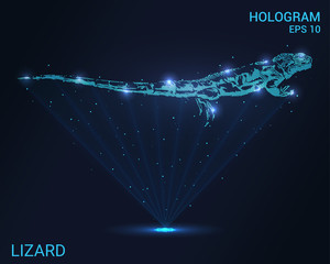 Wall Mural - Hologram lizard. Holographic projection monitor lizard. Flickering energy flux of particles.