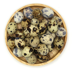 fresh eggs quail in Wooden plate on the table with white background ontop view