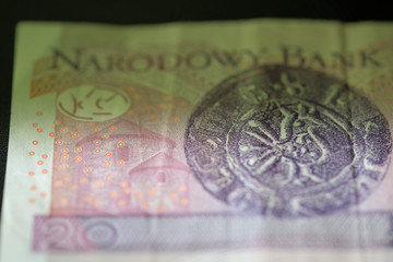 Wall Mural - Twenty Polish zloty banknote on a dark surface close-up. Money background green color toned