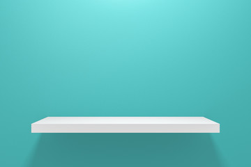 Poster - Front view of empty shelf on light green wall background with modern minimal concept. Display of room shelves for showing. Realistic 3D render.