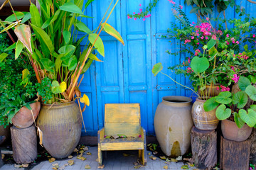 old chair with wood blue background