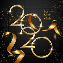 Happy New Year Black Greeting Card Vector Template. Festive Christmas Social Media Banner Design With Congratulations. Golden 2020 Number In Frame With Confetti Realistic Illustration With Typography.
