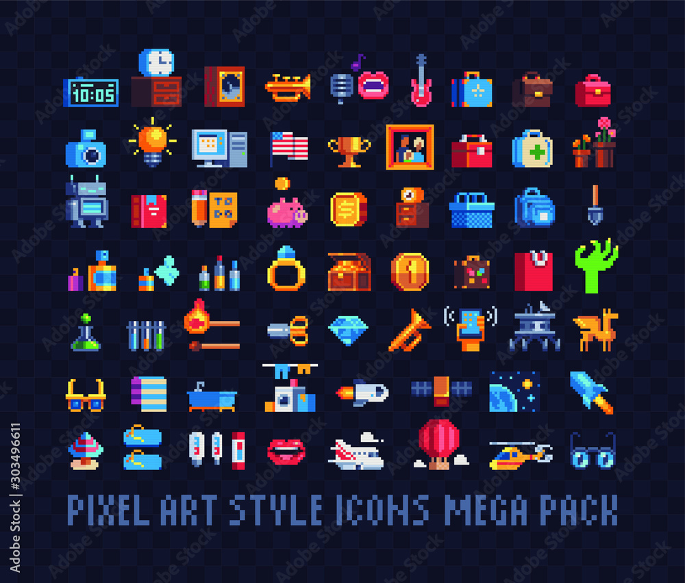 Pixel Icon Library Mega big set of pixel art icons. Tools, music, money, bags, jewel and ...