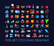 Mega big set of pixel art icons. Tools, music, money, bags, jewel and spaceships, Design for stickers, logo, web and mobile app. Isolated vector illustration. 8-bit sprite.