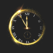 Golden Shiny Clock Vector Illustration. Luxury Sparkling Round Dial Isolated On Black Background. Arrow Showing Five Minutes To Midnight. Abstract Festive Clock Face Design Element.