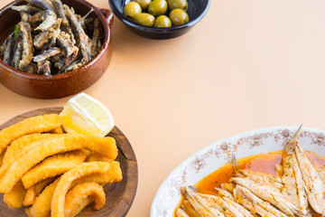 Wall Mural - Mixed of fish ( cuttlefish, sardines, fried, salad with salmon)