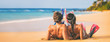 Beach couple relaxing on summer honeymoon vacation with snorkel equipment. People lying down on golden sand at sunset with diving mask, flippers sun tanning enjoying travel holiday lifestyle.