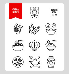 China icon set 3. Include People, food, Traditional Culture, Object and more.  Outline icons Design. vector illustration