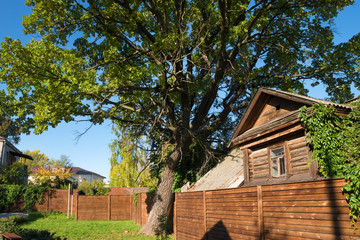 NIZHNY NOVGOROD, RUSSIA - SEPTEMBER 28, 2019: The scene of Gorky's autobiographical story Childhood. Garden at the Museum childhood A.M. Gorky House of Kashirin. Postal Convention, 21.