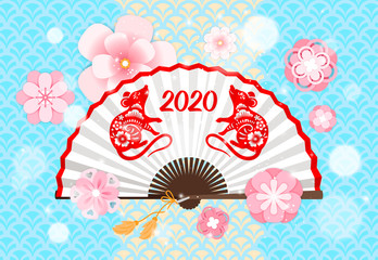 Wall Mural - Chinese 2020 rat new year fan. China red rats white fan and pink flowers vector illustration with blue good luck pattern for calendar