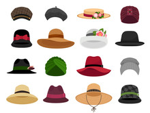 Female Hats And Caps. Woman Vacation Cap And Hat Vector Illustrations, Bonnet And Panama, Traditional Lady Head Wearing Types, Fashion Beret And Napper Accessories