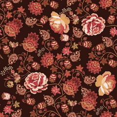 Seamless romantic pattern with garden and fantasy flowers, leaves, little berries and paisley on black background. Print for fabric in warm tones.