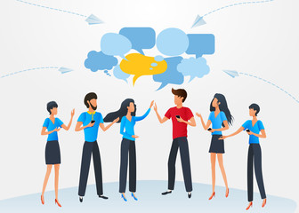 Vector illustration, flat style, group of business people chat communication dialogue speech bubbles, cartoon characters discuss social network, message, discussion of news, social networks