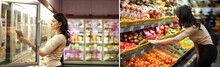 Collage Of Woman Choosing A Dairy Products At Supermarket. Reading Product Information