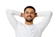 © producer - portrait of smiling handsome bearded man with arms behind the head in white shirt looking at camera isolated on white background. man taking rest