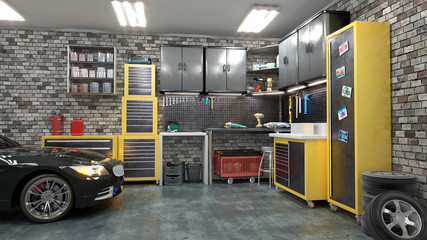 Garage interior with stend of tools. 3d illustration