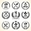 © FourLeafLover - Cutlery sketch. Vintage dinner table silverware set with knife and fork utensils in retro ribbons vector drawing