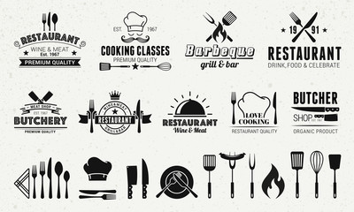 Wall Mural - 9 vintage logo templates and 19 design elements for restaurant business. butchery, barbecue, restaur