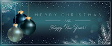 Christmas Blue Background With Xmas Balls Decoration And Elegant Greeting Text Of Winter Holidays