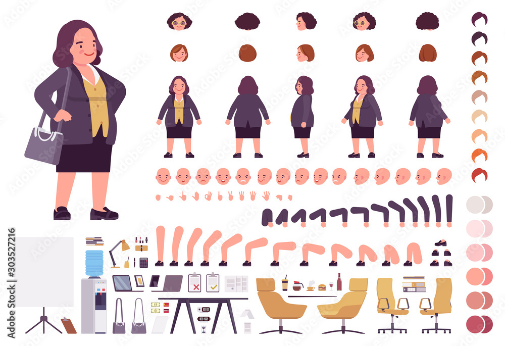 Chubby heavy kind businesswoman with round belly construction set. Overweight, plus size formal wear, fat body shape creation elements to build own design. Cartoon flat style infographic illustration - obrazy, fototapety, plakaty 