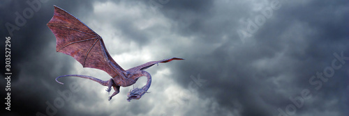 Photographie dragon, fantastic red fairy tale monster flying in the sky
