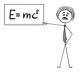 Canvas Print - Vector cartoon stick figure drawing conceptual illustration of scientist Albert Einstein pointing at sign with E equals mc2 equation of special relativity theory.