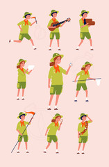 Sticker - Young scouts. Kids boys and girls adventure camping specific uniforms vector flat characters. Illustration scout hiking, characters adventure and travel