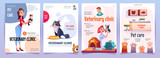 Fototapeta Fototapety na ścianę do pokoju dziecięcego - Veterinary clinic banners set. Vet service, cats and dogs care, spa procedures for pets in therapeutic office, animals health care, hospital advertising poster design. Cartoon vector illustration