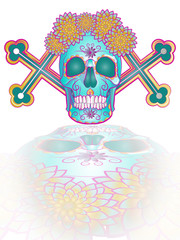 color illustration of a human skull with a cross, a symbol of the traditional Mexican holiday Day of the dead