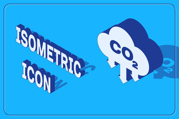 Sticker - Isometric CO2 emissions in cloud icon isolated on blue background. Carbon dioxide formula symbol, smog pollution concept, environment concept. Vector Illustration