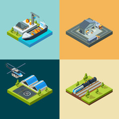 Wall Mural - Logistic concept. Cargo transport shipping flying way railway trains and cars business carriage vector isometric vehicle. Illustration logistic maritime, shipping cargo, delivery railway transport