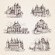 Castles medieval. Old tower buildings vintage architecture ancient gothic castles vector hand drawn illustrations. Town tower, sightseeing building, castle famous