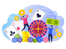 Poker Winners People. Concept Characters Happy Winners Casino Gambling Legal Risk Stylized Vector Flat Background. Illustration Poker And Roulette, Legal Gaming Entertainment