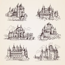 Castles Medieval. Old Tower Buildings Vintage Architecture Ancient Gothic Castles Vector Hand Drawn Illustrations. Town Tower, Sightseeing Building, Castle Famous