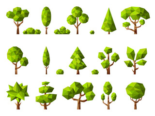 Low poly plants. Geometrical cartoon stylized trees green nature plants vector collection. Illustration geometric tree, polygonal abstract plant