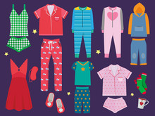 Pajamas Set. Sleeping Clothes Collection For Children And Adults Sleepwear Textile Vector Colored Cartoon Illustration. Fashion Clothes For Bedtime, Textile Apparel Sleepwear