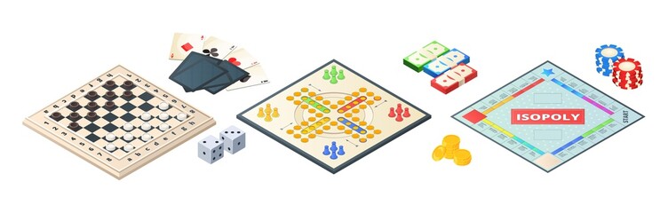 Sticker - Board games isometric. Various tools for board games. Dices, pawns cards coins money. Vector board games elements. Illustration board game strategy, leisure and challenge