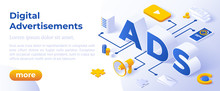 Ads - Digital Advertising Social Media Online Marketing. Isometric Big Letters ADS And Digital Devices. Vector Illustration Concept. Web Page Template.