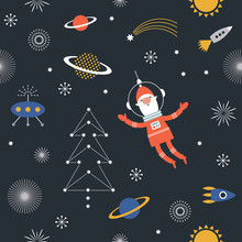 Cosmic Pattern. Comets, Planets And Stars. Constellation Christmas Tree, Santa In Outer Space