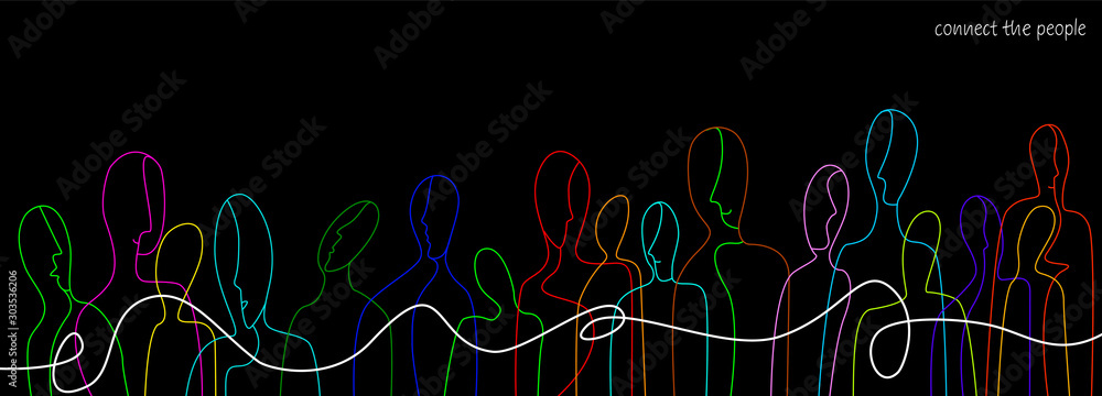 connect the people concept, crowd of vivid colored people connected with one white line, communication creative contemporary idea, - obrazy, fototapety, plakaty 
