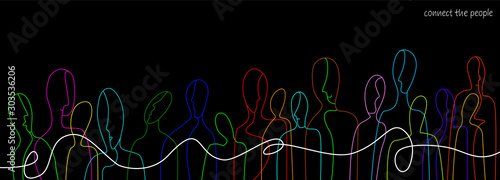 Cuadros en Lienzo connect the people concept, crowd of vivid colored people connected with one whi