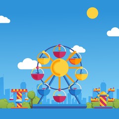 Wall Mural - Amusement park vector illustration. Summer fairground carousels on sunny day in city park. Fun activity for families with children on summer holidays, kids playground