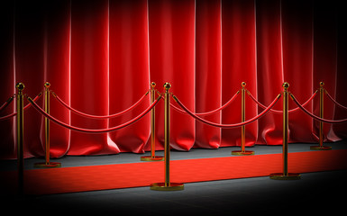 Wall Mural - 3d image render of a red cap with velvet barriers and cords and curtains.