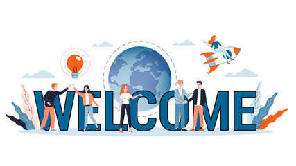 Wall Mural - Vector illustration of welcoming concept. Greeting for new business team