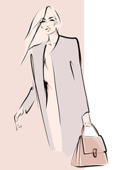 Wall Mural - Young stylish woman in coat. Beautiful elegant girl with bag. Fashion illustration in sketch style. Vector