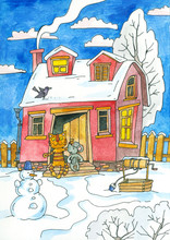 Winter Landscape And House, Cat And Mouse Sitting On The Porch Of The House. Winter Watercolor Illustration, Postcard