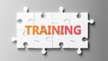 Training complex like a puzzle - pictured as word Training on a puzzle pieces to show that Training can be difficult and needs cooperating pieces that fit together, 3d illustration